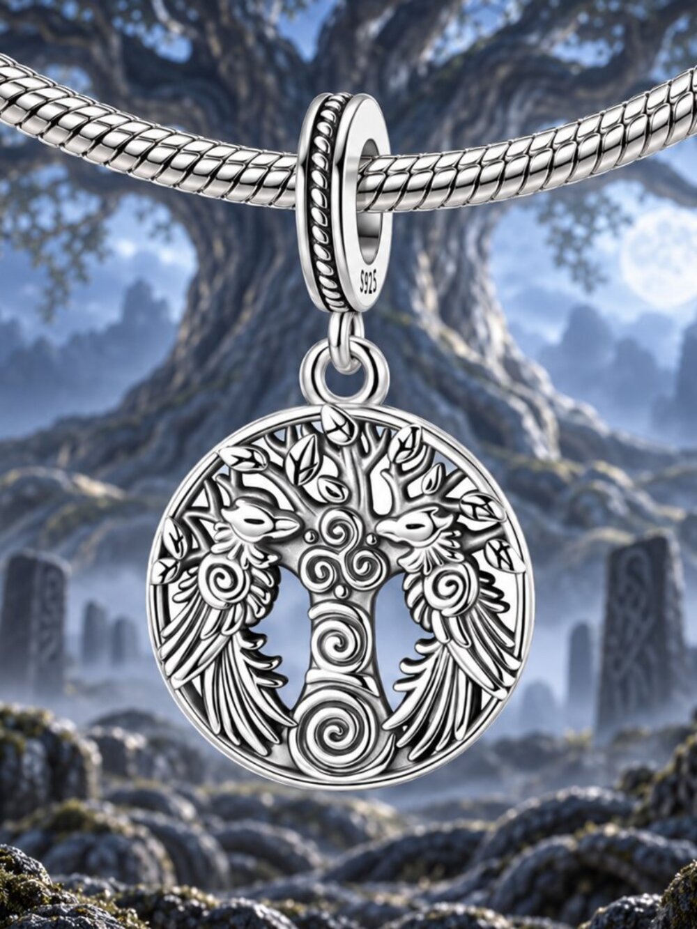 Viking Tree of Life Raven Medallion Dangle Charm